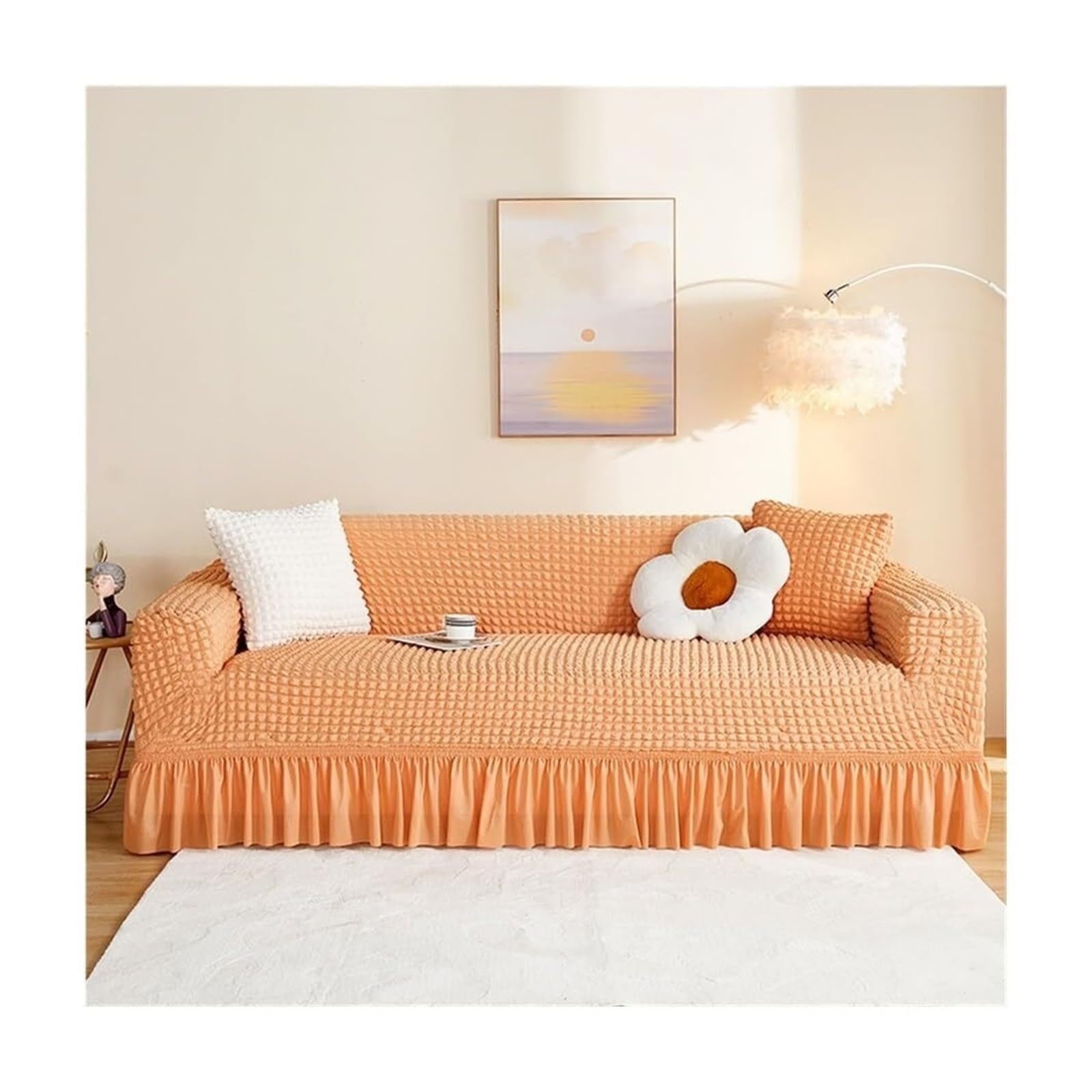 BEIWOSHA Seersucker Sofa Slipcover With Elastic Bottom And Ruffle Skirt, Washable Couch Covers High Stretch Furniture Slipcovers(4,2 seaters(145-185cm))