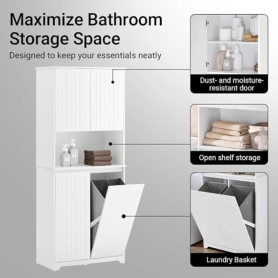 SoBuy Double Tilt Out Laundry Hamper Cabinet, 27.6 x 14.6 x 36.9 in, White