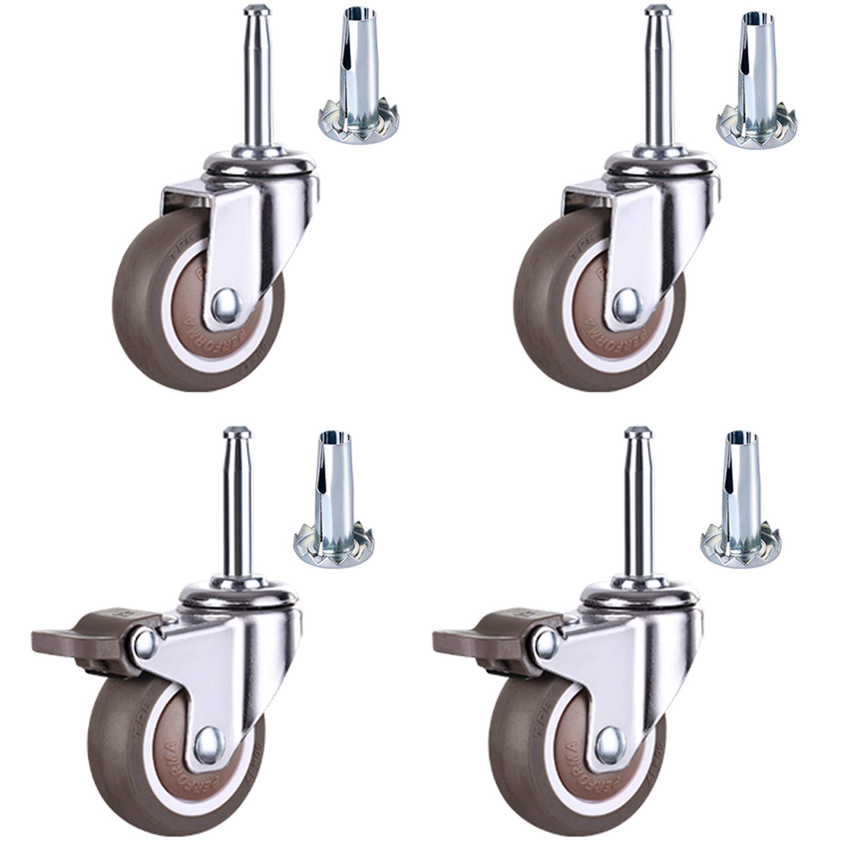 Lenkrollen, strapazierfähig, 4er-Pack, Möbelrollen, 1,5/2 Zoll, Lenkrollen, Gummirad mit Bremse, 360 Grad drehbar, Präzisionskugellager, mit 8 mm x 38 mm Befestigungsholzschaft, Ba