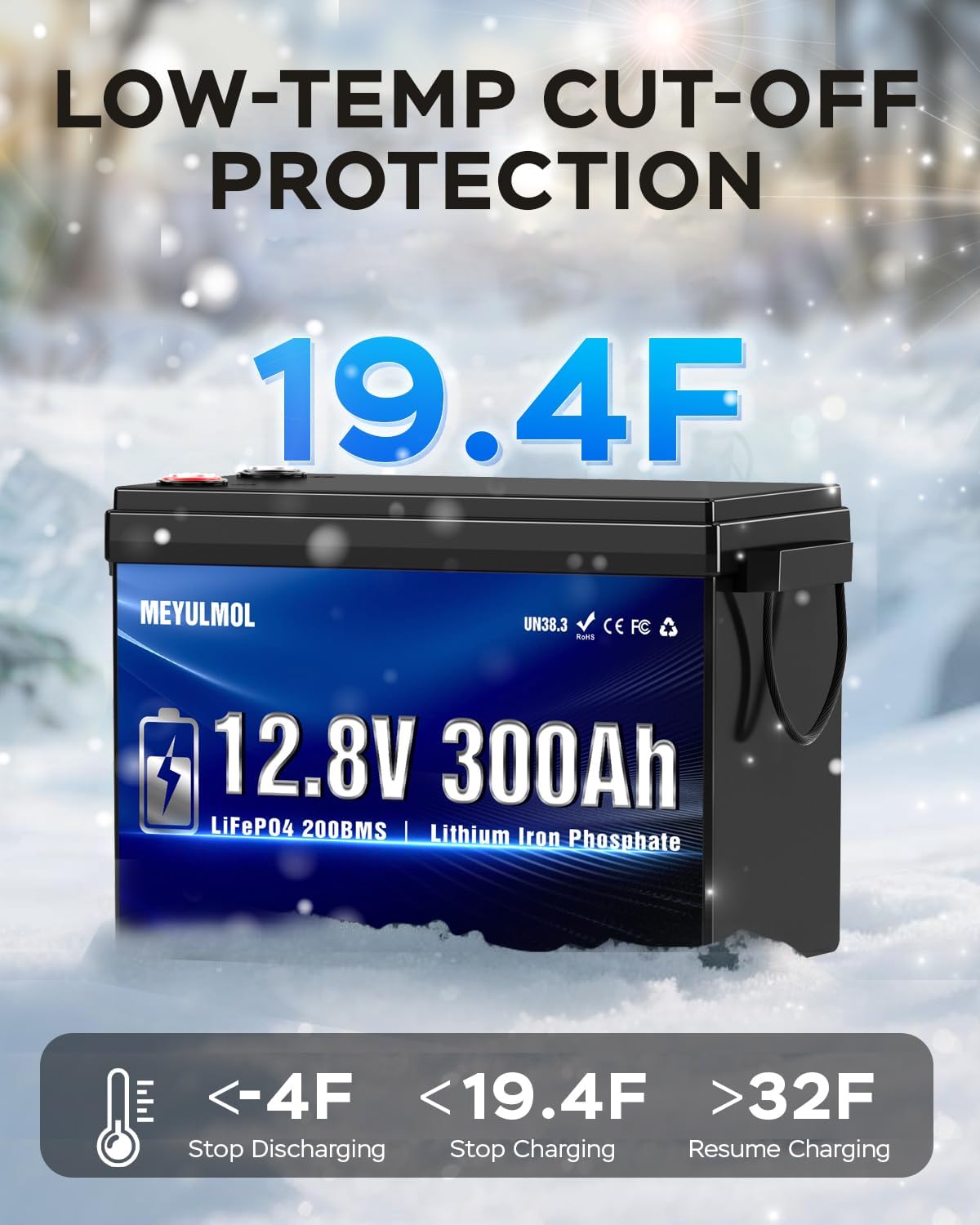 12V 300Ah LiFePO4 Lithium Battery, Upgraded 200A BMS System, Up to 15000+ Cycles Life, 3840Wh Rechargeable Lithium Battery with Low-Temp Protection for RV Solar Marine Solar Panel Camping