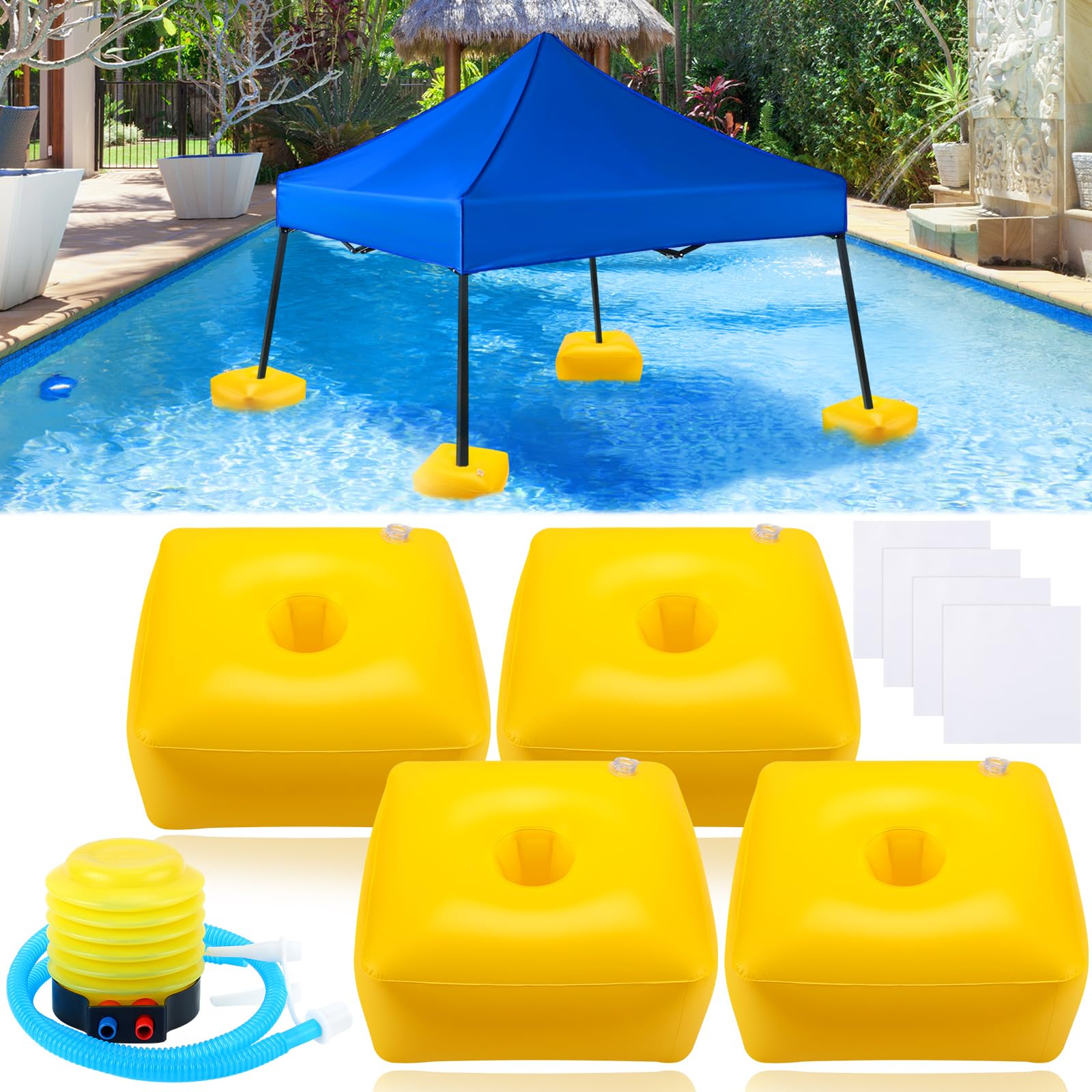 5 Pcs Water Float Kit for Canopy, Including 4 Pcs PVC Floats 18"x18"x10" and Hand Air Pump for Pool Lake Beach, Canopy Not Included