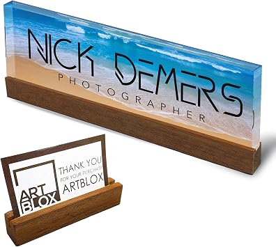 Artblox Personalized Office Desk Name Plate and Business Card Holder | Clear Acrylic Glass with Teak Wood Stand | Sea Waves Design Customized with Your Name and Credentials Office Desk Decor