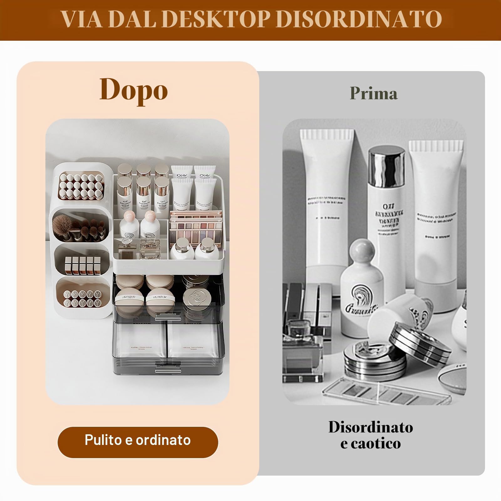 Make Up Organizer per Cosmetici, Grande Organizer per Trucco con 2 Cassetti, Contenitore 3 in 1 per Toletta, Bagno, Camera da Letto (Bianco)