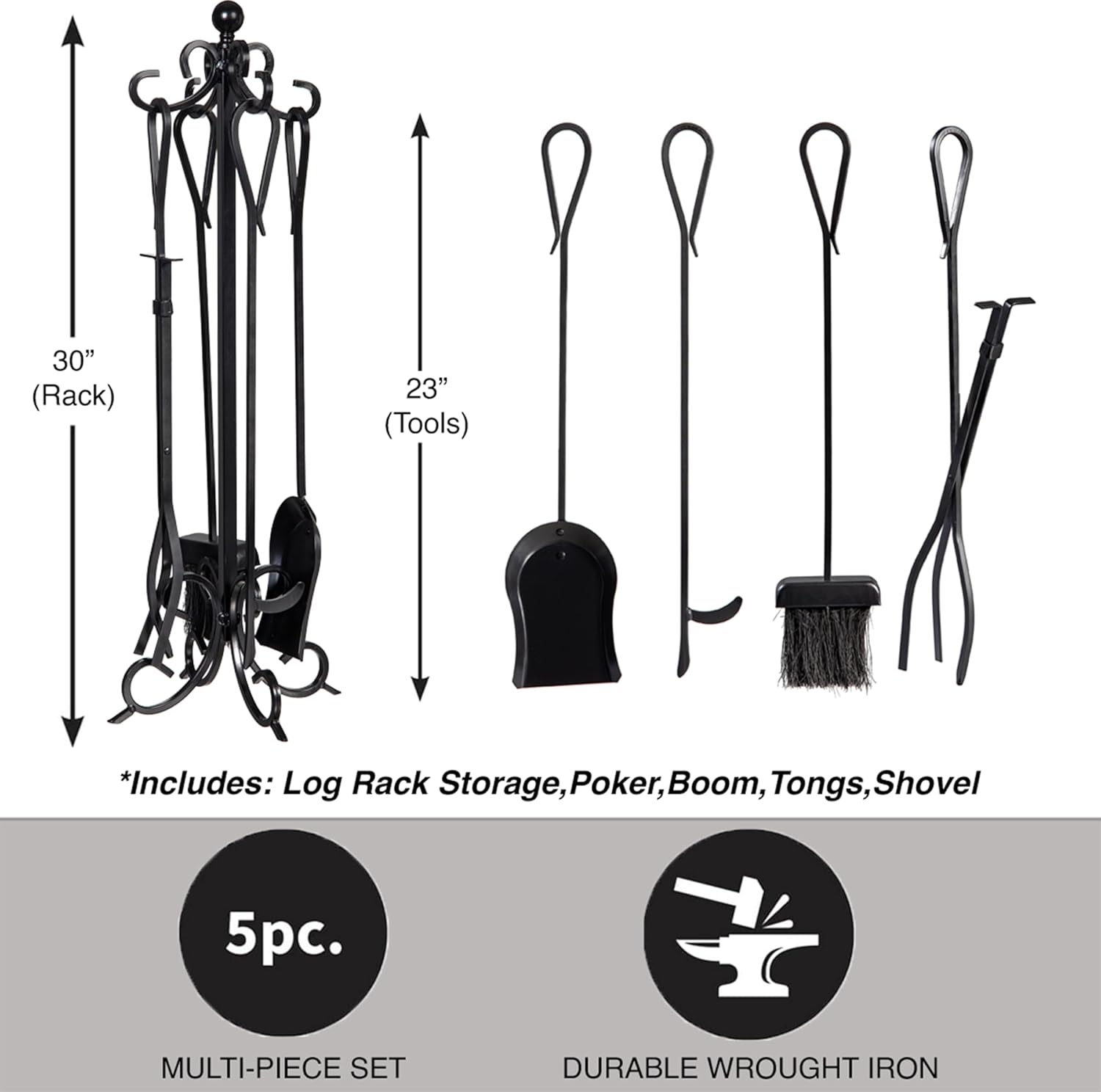 Plow & Hearth 5 Piece Hand Forged Iron Fireplace Tool Set 23" | Black Scroll Wrought Iron Handle for Outdoor Indoor | Stand Poker Shovel Brush Log Tongs Wood Stove Accessory