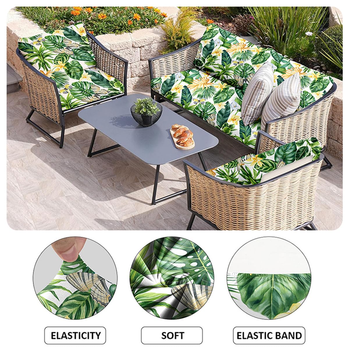 Hiseng Funda de Cojín Sofá Exterior Suave Elástica 3D Estampado de Hojas de Palma Repuesto Funda de Cojin de Asiento Patio Jardín Separados Lavable con Banda Elástica (Verde,12 Piezas)