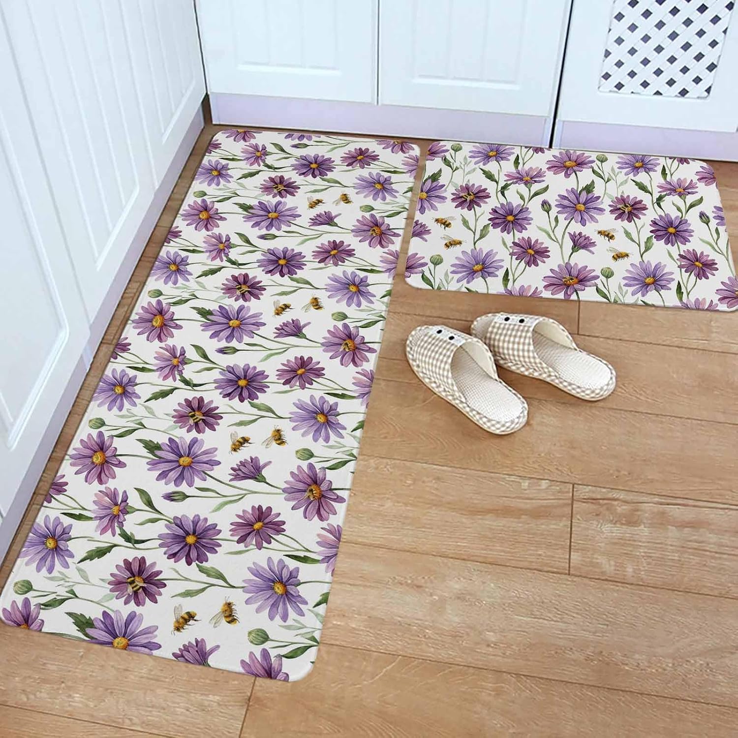 Purple Spring Floral Kitchen Rugs and Mats Set of 2, Non-Slip Kitchen Sink Mat, Summer Botanical Bee Floral Daisy Washable Doormat Bathroom Rugs Runner for Bedroom/Living Room 17.7"x30"+17.7"x47.2"