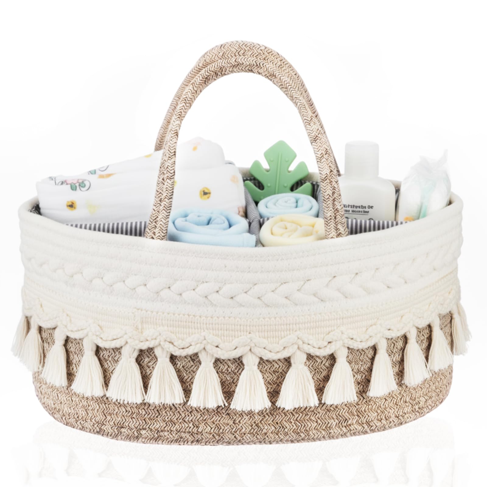 Fiwochic Macrame Diaper Caddy Organizer Cotton Rope Basket Boho Nursery Decor Cute Woven Tassel Portable Diaper Organizer for