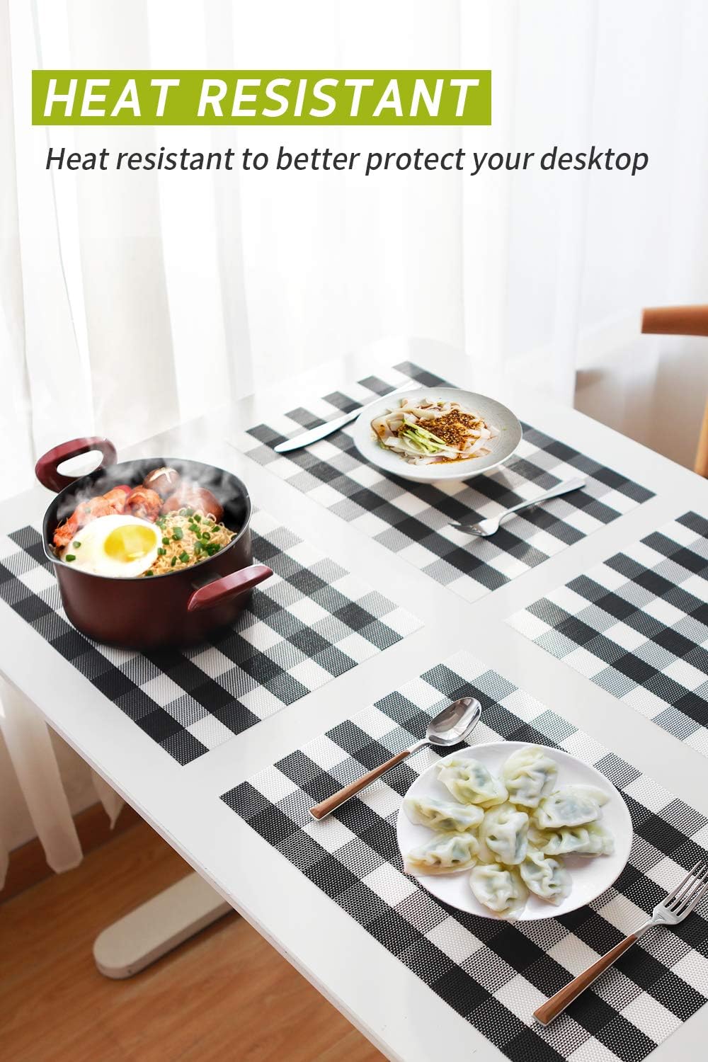 🔥 Cashback up to 70% Syntus Placemats, Black and White PVC Woven Vinyl Buffalo Check Table Mats Washable Non-Slip Heat Resistant for Kitchen Dinning Table Thanksgiving & Christmas, Set of 4