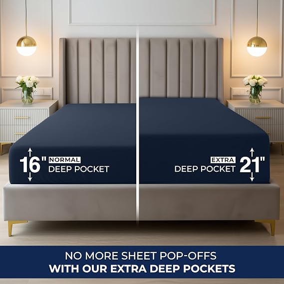 Extra Deep Pocket Queen Fitted Sheet, Fits 16-21 Inch Mattress, Navy