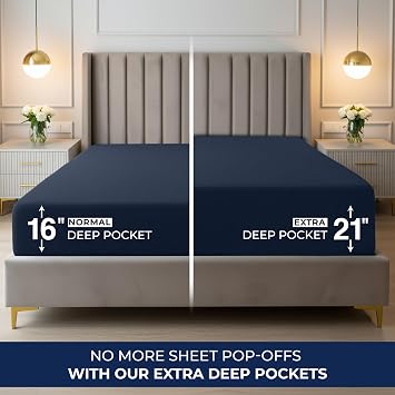 Extra Deep Pocket Queen Fitted Sheet, Fits 16-21 Inch Mattress, Navy