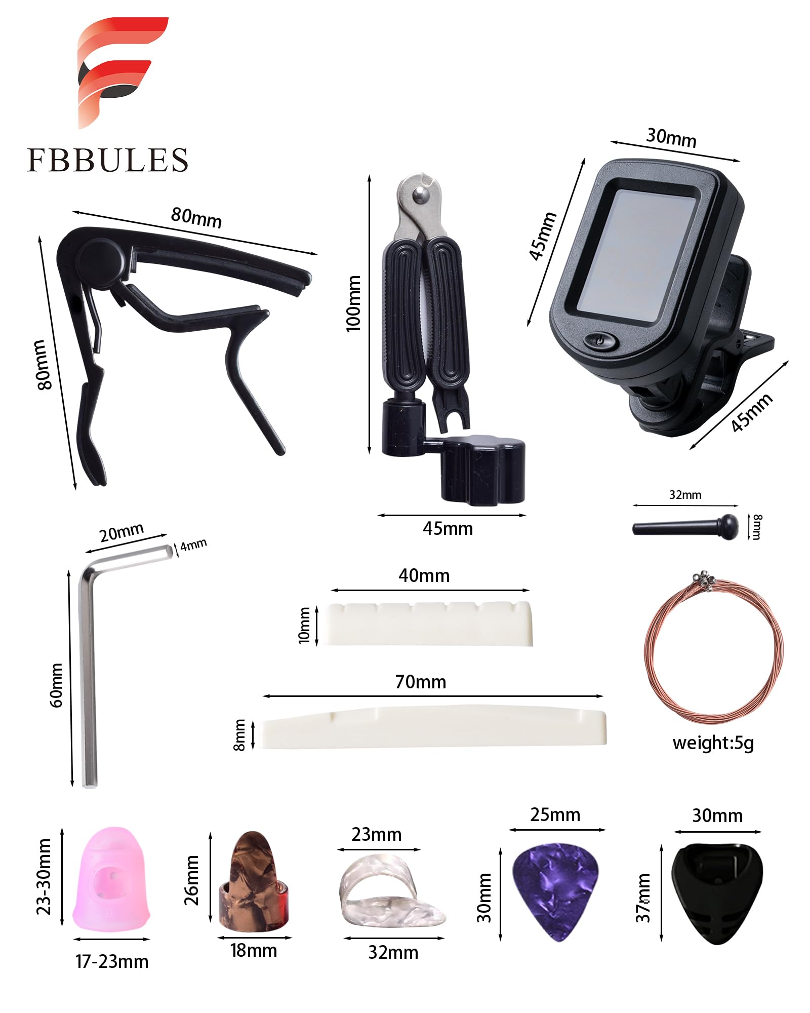 Kit Accessori per Chitarra 63 Pezzi con Accordatore, Capotasto, Corde, Plettri