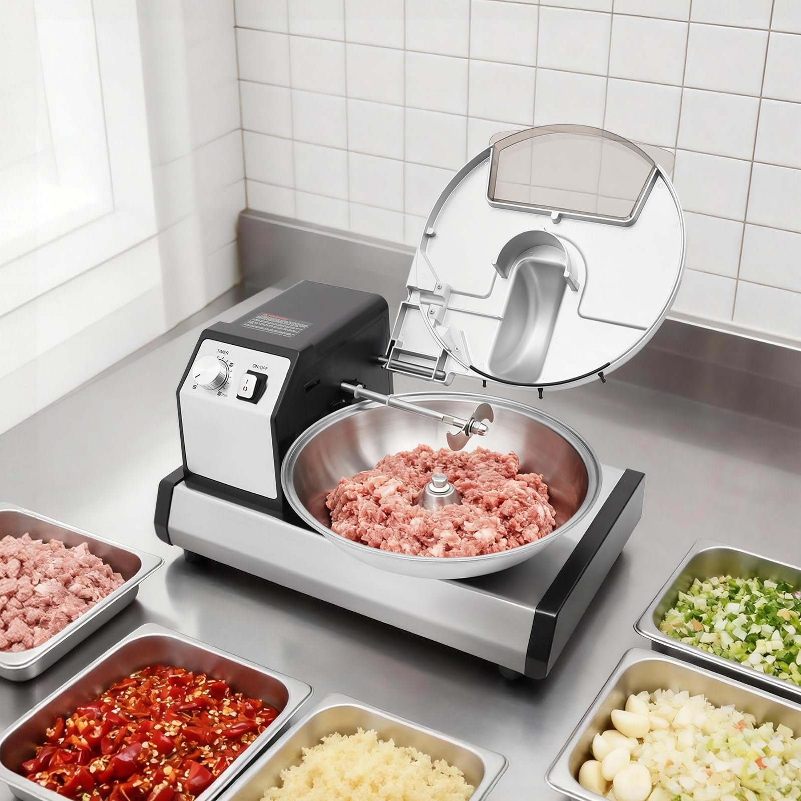 Professionelle Küchenmaschine 5L 250W, 1500U/min Edelstahl Lebensmittelzerkleinerer, 45,4kg/h EU-Stecker für Gaststätten Hotpot-Restaurants Kantinen Silber