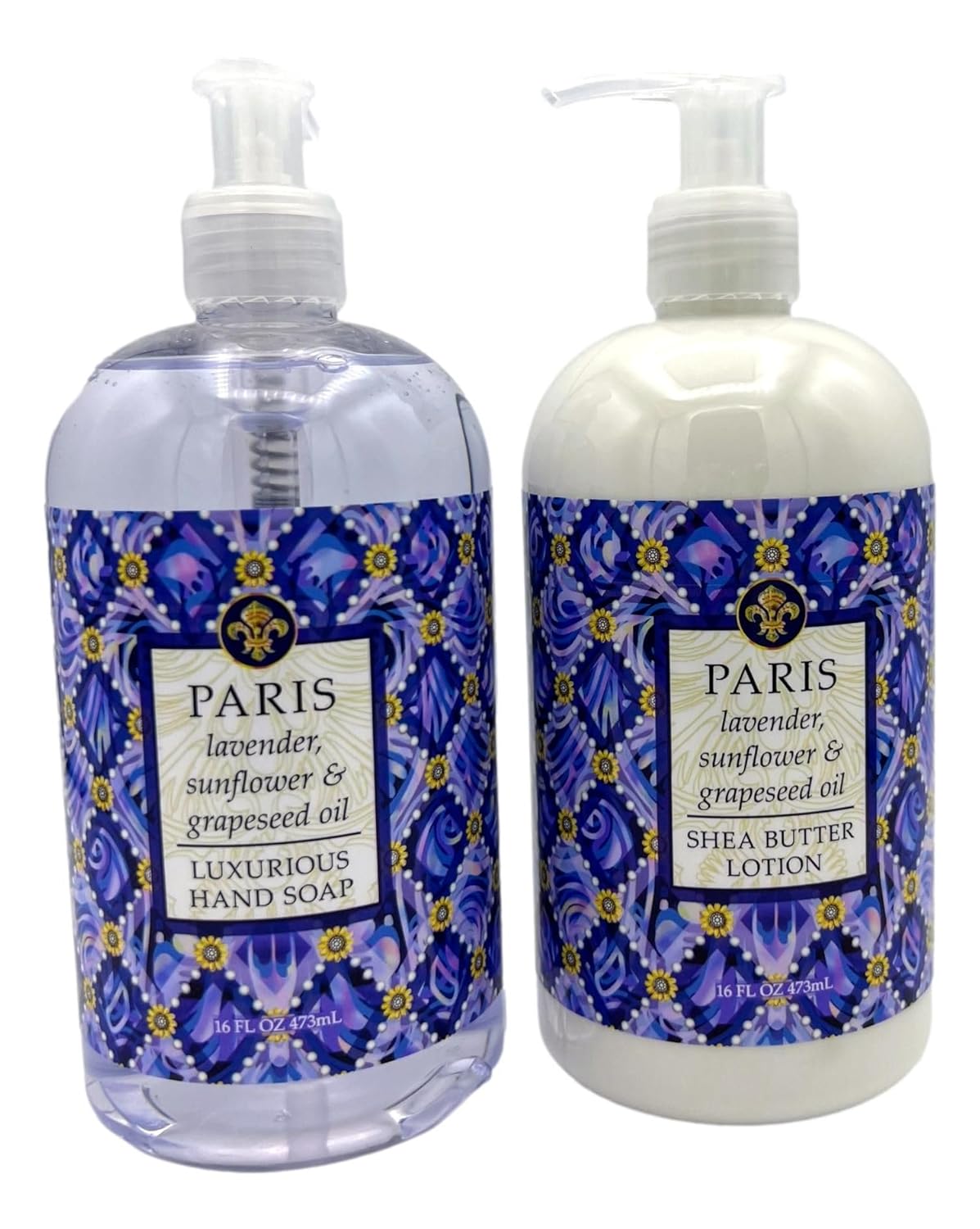 Greenwich Bay Trading Co., Paris, Lavender, Sunflower & Grapeseed Oil Luxurious Hand Soap and Shea Butter Lotion Set, 16 fl oz Each
