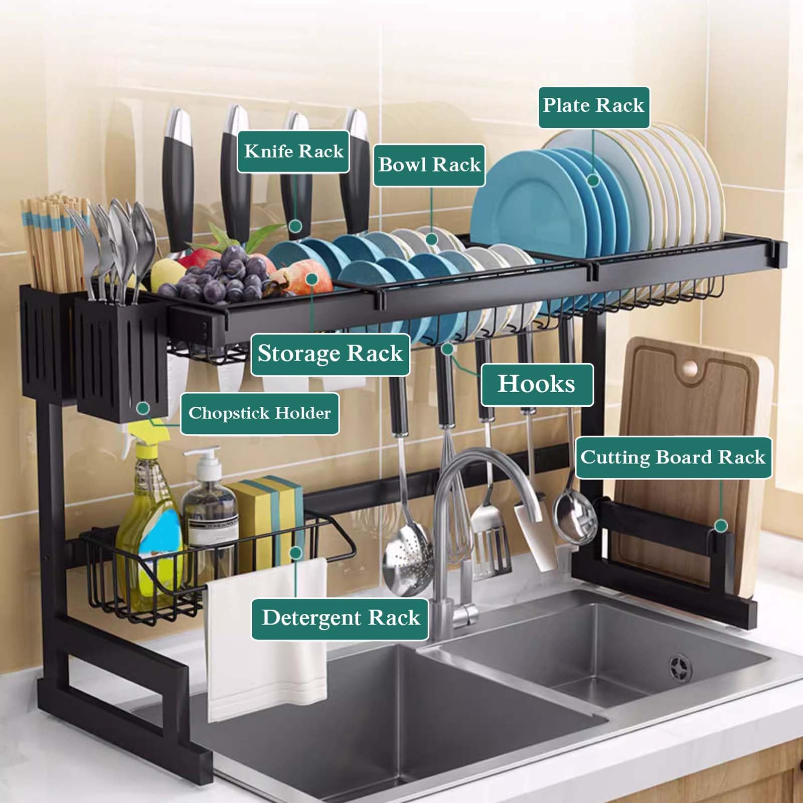 Escurridor de Platos para encimera de Cocina sobre el Fregadero, 90 x 30 x 50 cm, escurridor de Platos Negro sobre el Fregadero, escurridor de Acero Inoxidable para Cocina, Estante organizad