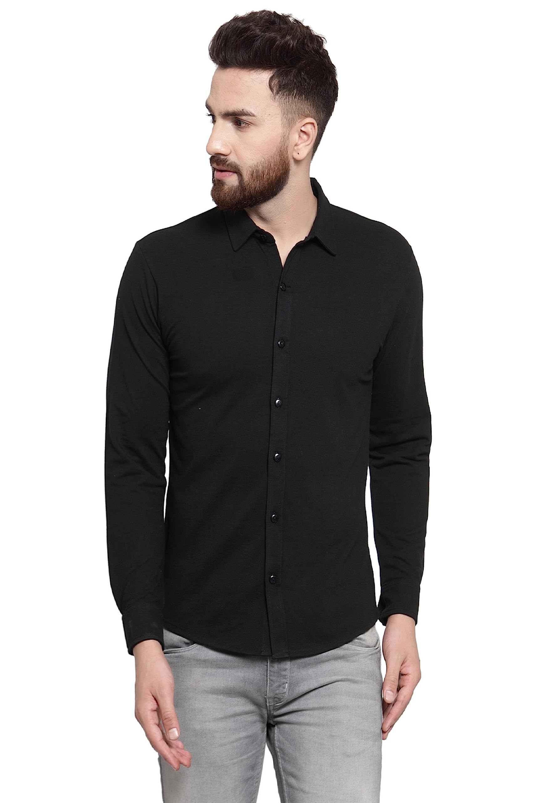 WILD WEST Mens Plus Size Spread Collar Black Colour All Over Solid Full Sleeve Shirt for Men (BB)