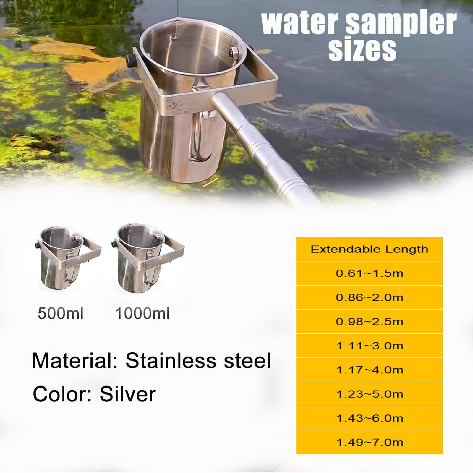 Verstellbare Edelstahl-Wasserprobenahme, 1,57 m, mit 500 ml Becher, Schöpflöffel-Set, Wasserprobenehmer für genaue Umweltüberwachung und Datenerfassung