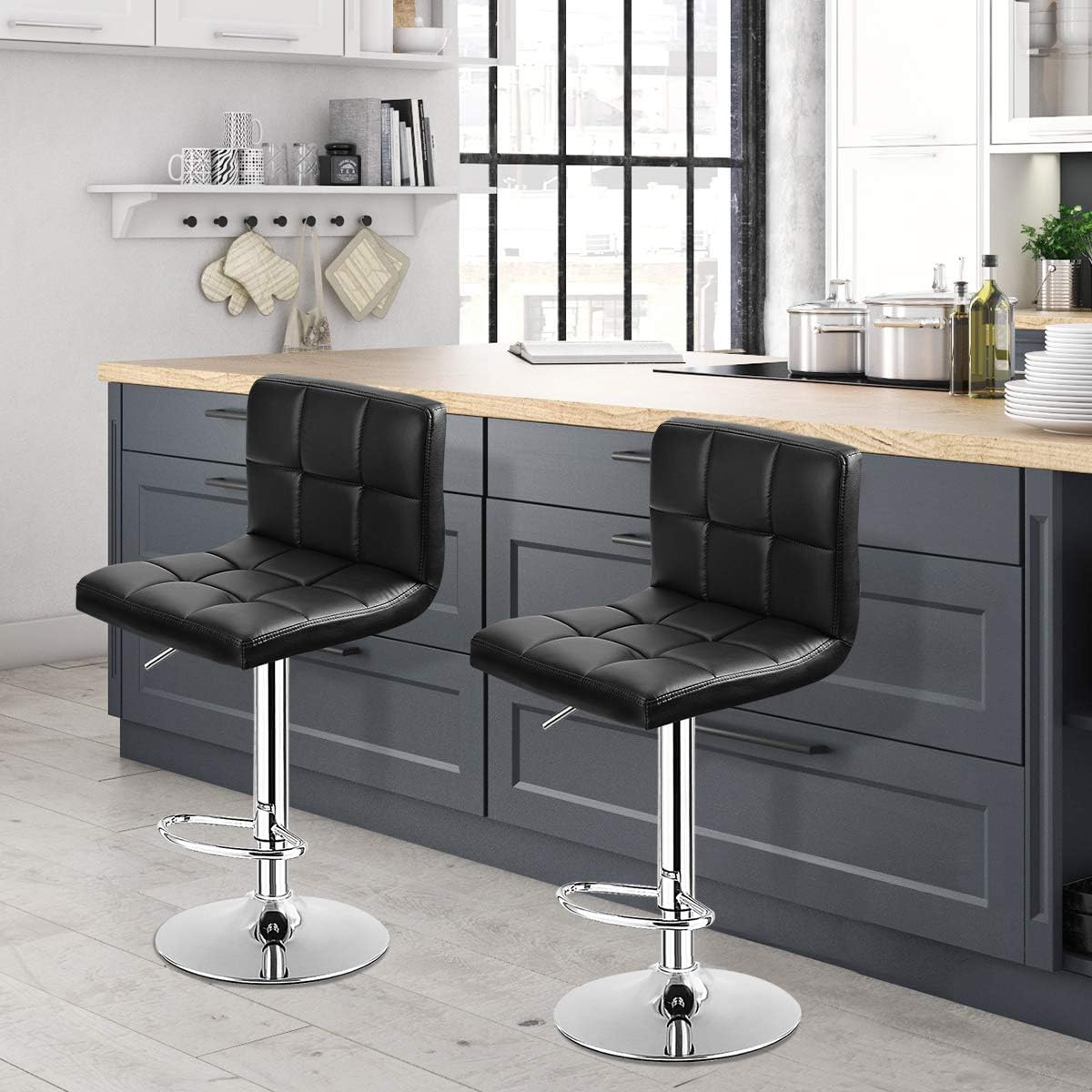 COSTWAY Bar Stools Set of 2, Modern Swivel Adjustable Height PU Leather Barstools with Back, Square Armless Counter Height 2-Pack Bar Chair for Kitchen Island Dining Living Bistro Pub Counter, Black