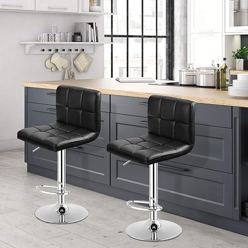 Miniatura 4 de COSTWAY Juego de 2 taburetes de bar, modernos taburetes de bar giratorios de altura ajustable de piel sintética con respaldo, altura de mostrador
