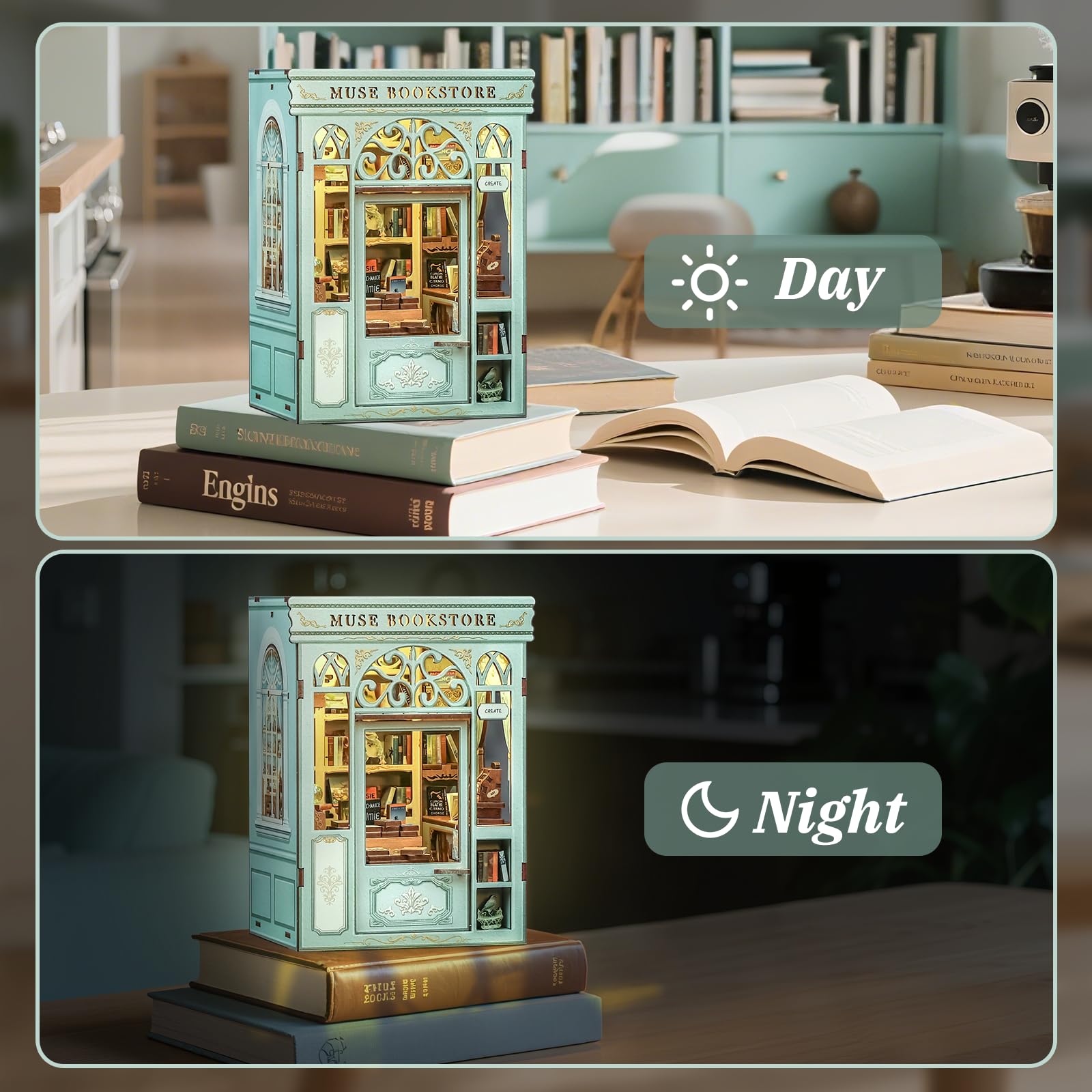 CUTEBEE Book Nook Kit, DIY Miniature Dollhouse Kits for Adults 3D Wooden Model House kits with LED Bookshelf Decor - Image 3