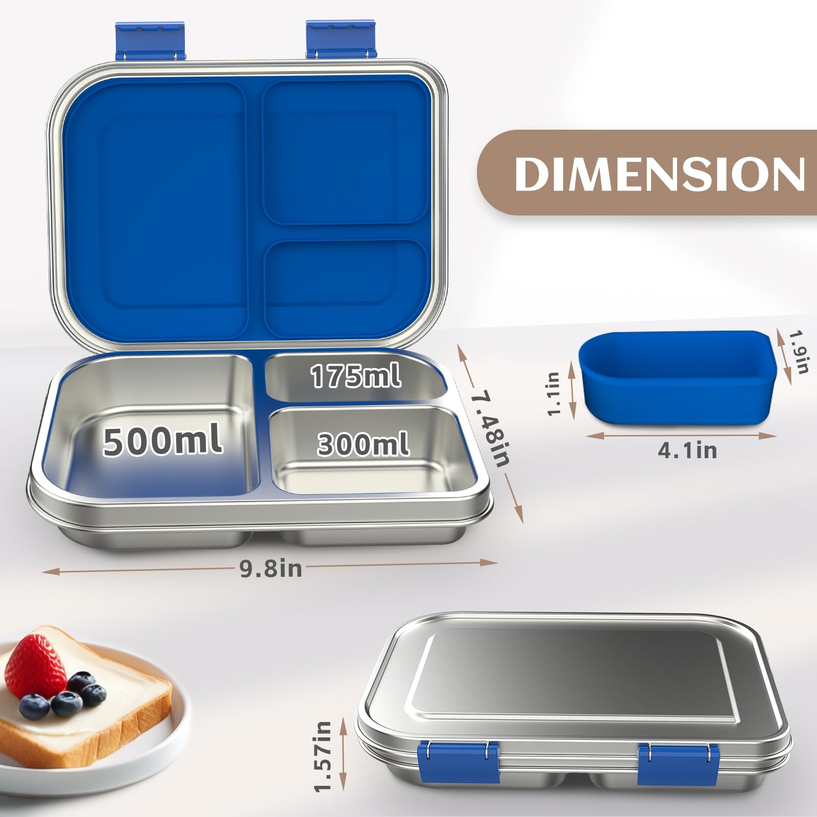 Fiambrera de acero inoxidable para niños, fiambrera de metal Bento a prueba de fugas, 3 compartimentos con recipiente de silicona, apto para lavavajillas, diseño adecuado para niños, para escuela