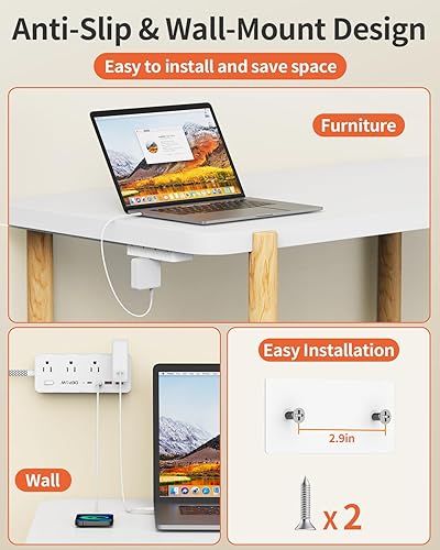 Miniatura 7 de Regleta protectora contra sobretensiones, cable de extensión trenzado de 5 pies con múltiples tomas, 8 salidas de CA, 4 puertos USB (2 USB C),