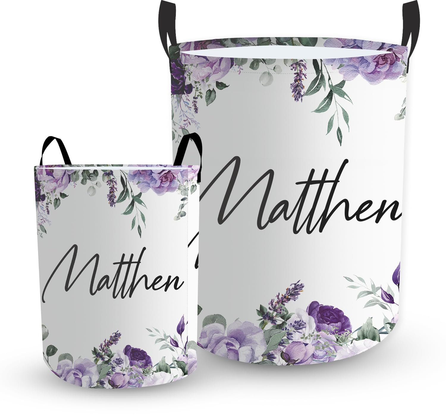 Personalized Laundry Hamper for Girls – Custom Name Baby Laundry Basket with Handles, Charming Flower Pattern Nursery Room Storage Basket, Purple Foldable Oxford Toy Organizer Gift for Toddlers