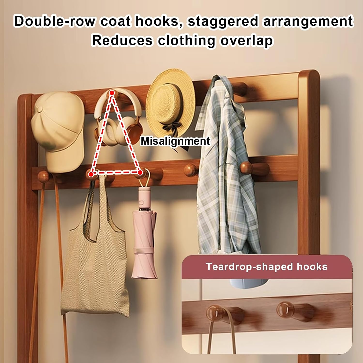 Jcgly Wood Entryway Coat Rack with Shoe Bench, 71" Tall Hall Tree, Double Row Staggered Hooks, Open Shoe Rack & Hidden Drawer(Yellow,60cm/23.5in)