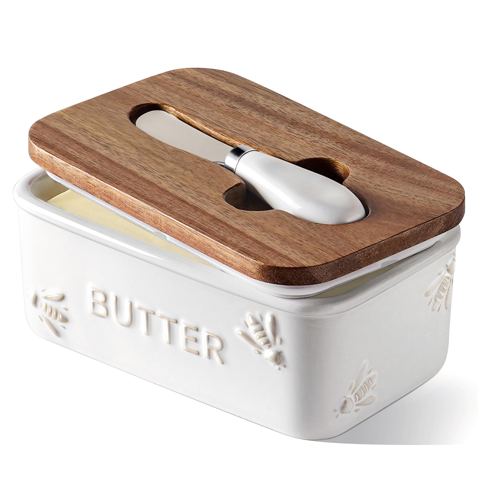 LE TAUCI Butter Dish with Lid & Knife, Set of 1, Arctic White, Bee Pattern