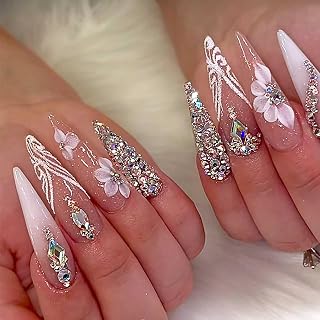 Press On Almond Fake Nails - Flower Rhinestone Pink Acrylic Glitter Bling Glue On Nails for Women & Girls - 24pcs (Flower Pink Almond Nails)