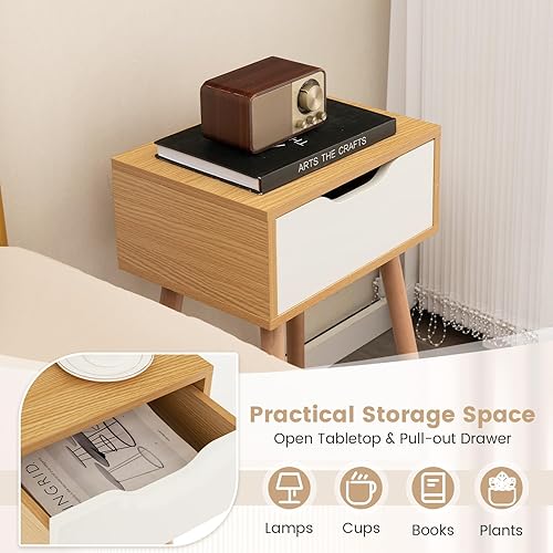 Miniatura 4 de Giantex Juego de 2 mesitas de noche modernas de mediados de siglo, mesita de noche de madera con cajón de almacenamiento, mesa auxiliar versátil con