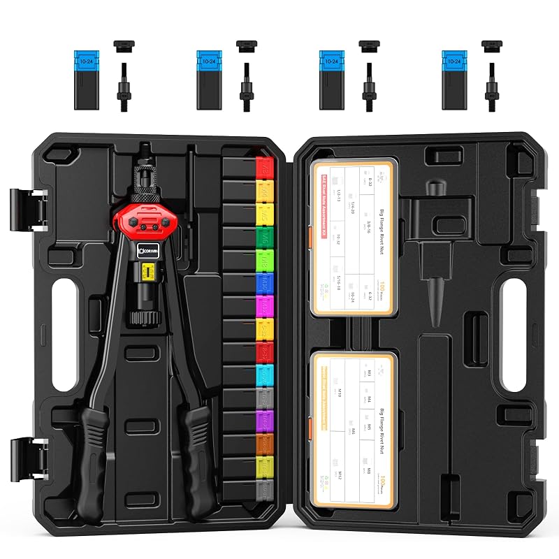 Rebitador manual de porca rebite CORWIN de 40,6 cm com ajuste de curso, mandris M3–M12 e até 12,7 mm (1/2 pol.), 200 porcas roscadas e 19 mandris