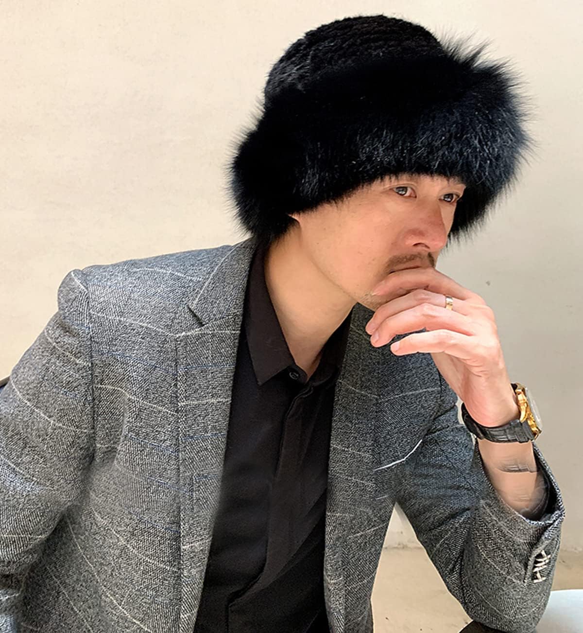 Mens Winter Hats Real Mink Hair Bucket Hat with Fox Hair Brim Knitted Skiing Cap Warm Outdoor