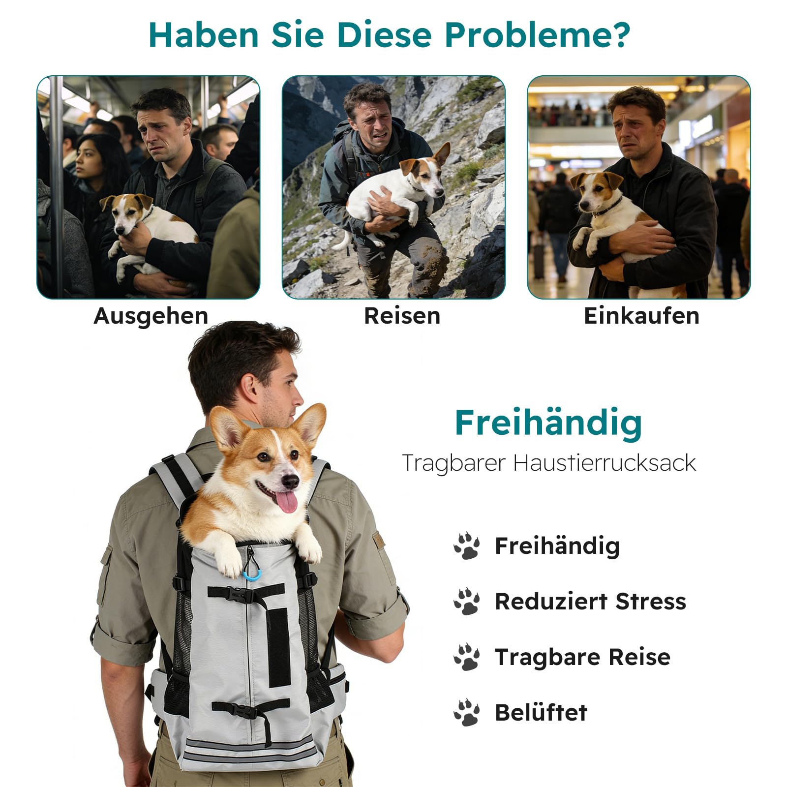 PETCUTE Hundetransportrucksack,Atmungsaktiver Haustier-Rucksack mit Sicherheitsverschluss & Reflektorstreifen, Beine Raus Hunderucksack für kleine Hunde & Katzen,Verstärkter Boden,ideal für Wandern,L