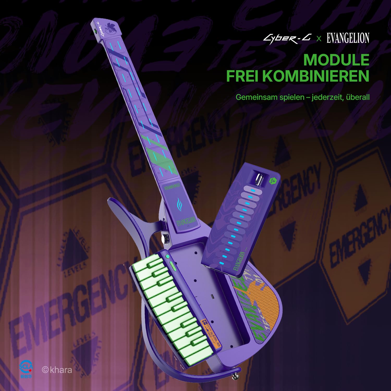 Enya CYBER-G Smart E-Gitarre – Offizielle Evangelion Kollaboration, Innovative Saitenlose E- & Akustikgitarre aus Carbonfaser mit App-Learning, Effekten & Bluetooth, Tragbare Reisegitarre