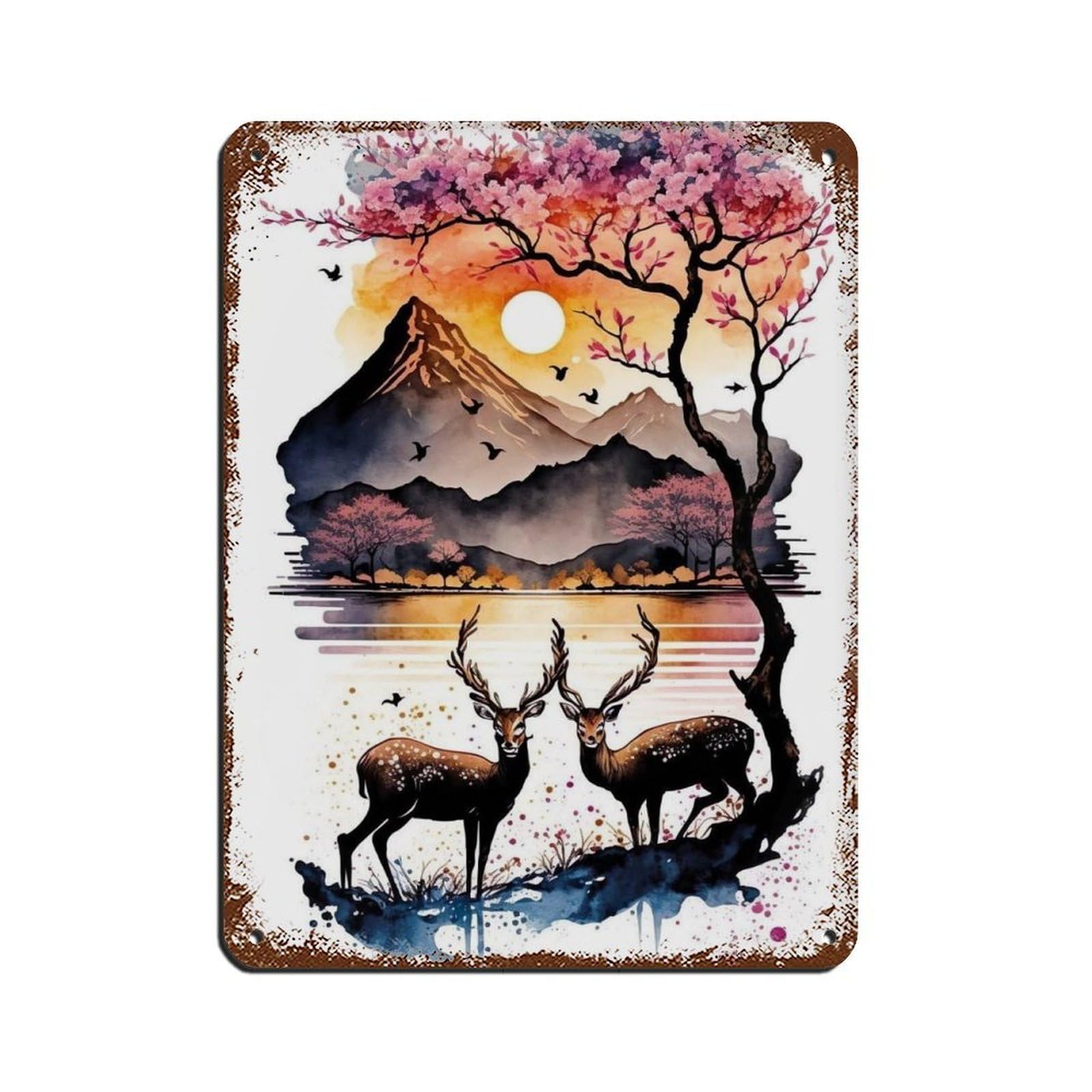 Sika Deers by The RiverJapanese Landscape Tin Sign Vintage Metal Pub Club Cafe Bar Home Wall Art Decoration Poster Retro 12x16inch(30x40cm)