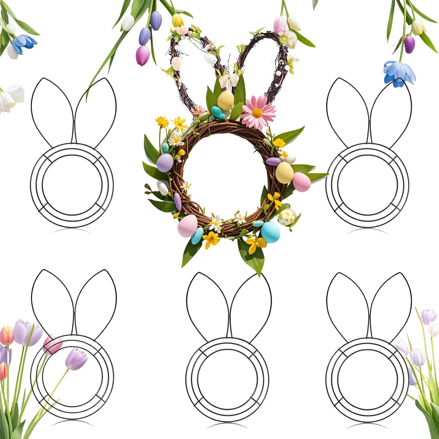 6PCS Floral Garden Easter Bunny Head Shaped Wire Wreath,Heart Wreath Frame, Egg Shaped Metal Frame Wire,DIY Accessories for Home Decor and Outdoor