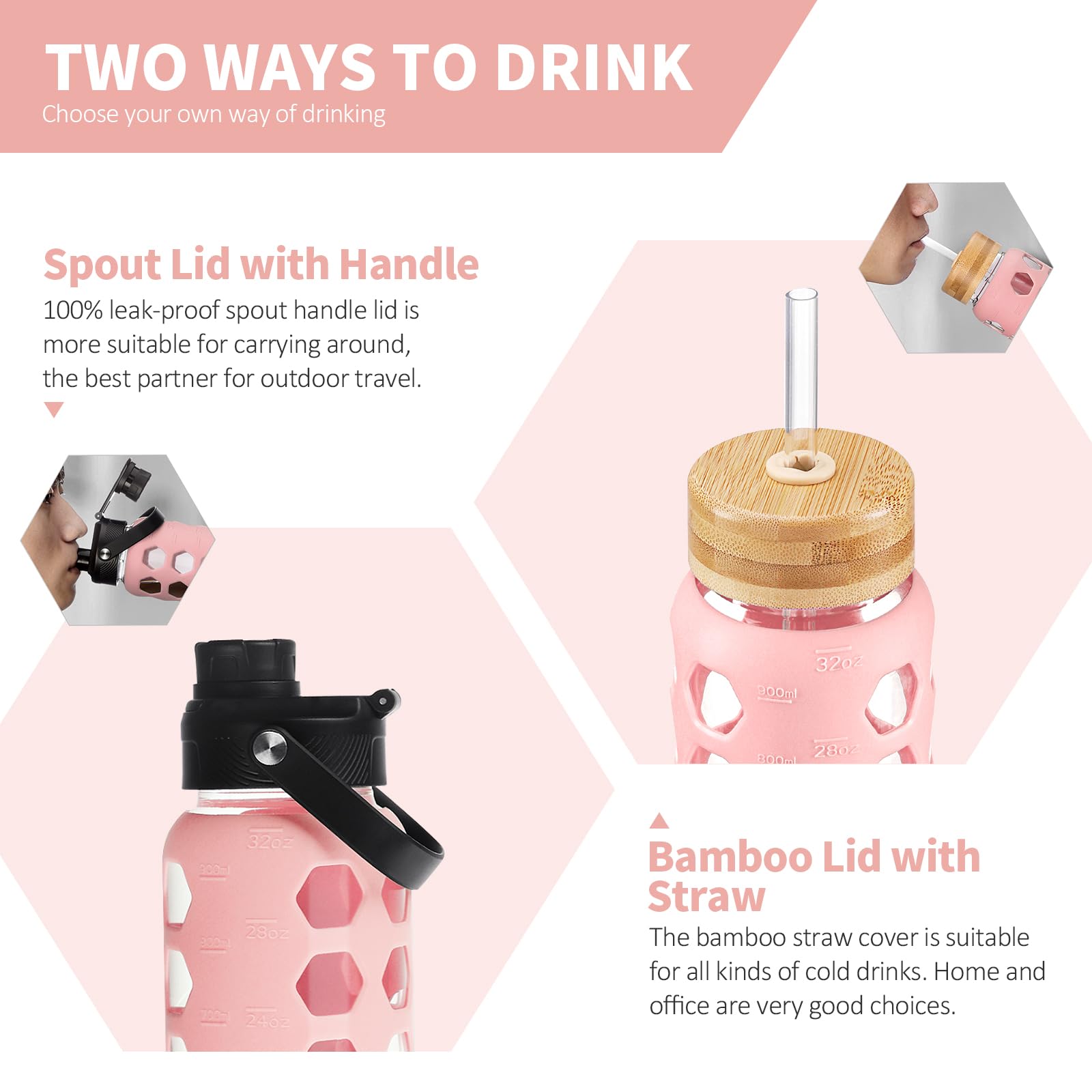 HYDRAGLAZIC 950ML Glass Water Bottle with 2 Flip and Bamboo Straw Lids Sports Water Tumbler with Time Reminder and Silicone Sleeve Leak-proof BPA Free - Image 2