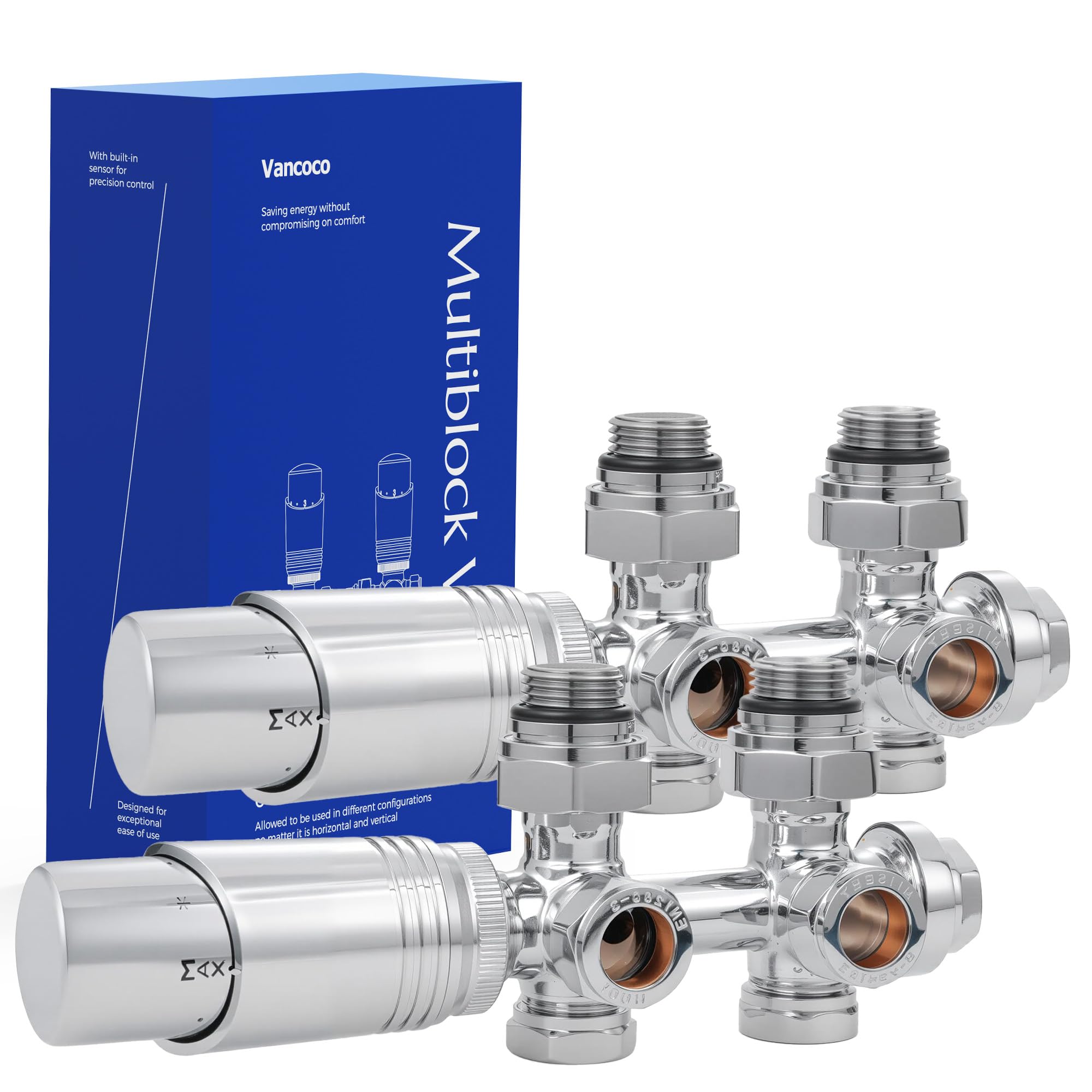 VANCOCO 2Stk. Chrome Multiblock mit Thermostat, 50mm Nabenabstand Hahnblock, Ventil-Armaturen Set Eck- & Durchgangsform, Heizkörper & Badheizkörper, Eurokonus