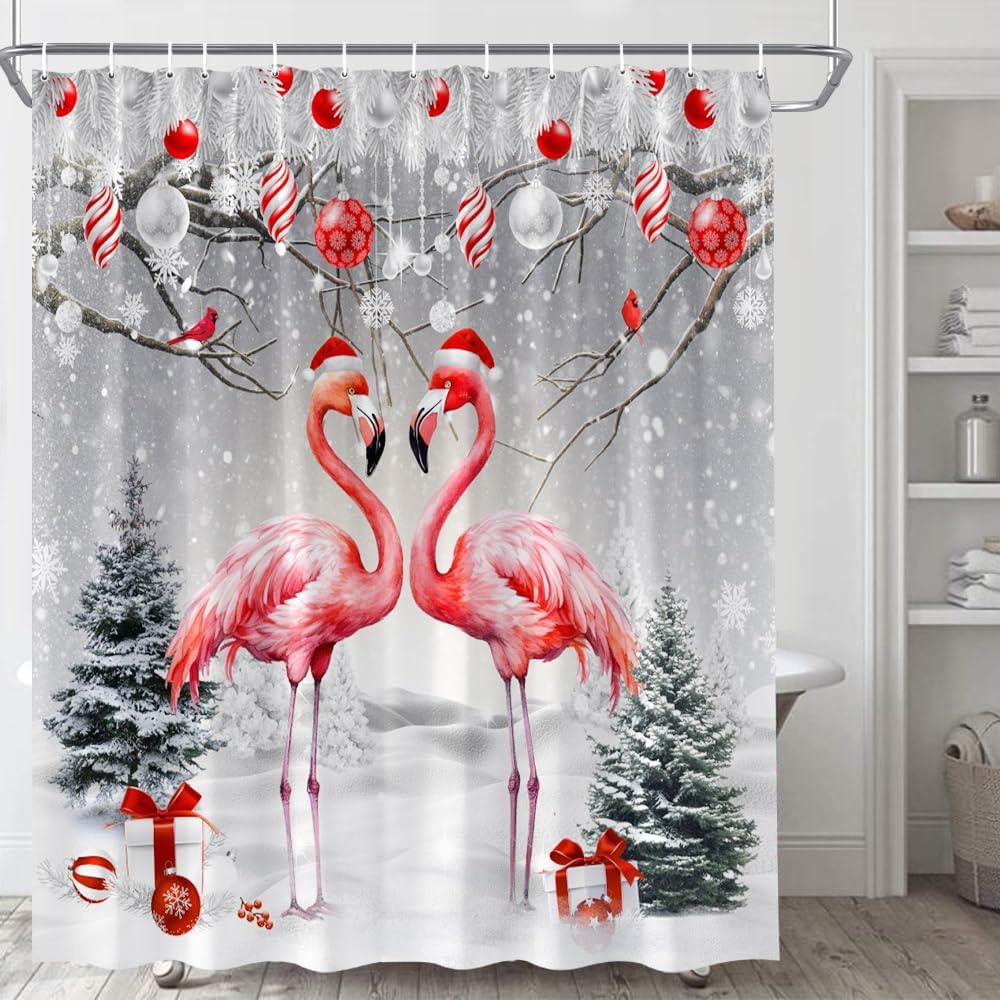 Christmas Flamingo Shower Curtain Grey Winter Forest Pink Tropical Birds with Santa Hat Red Bird Pine Tree Xmas Balls Snowflake Snow Scenery Happy New Year Polyester Fabric Bathroom Curtain with Hooks