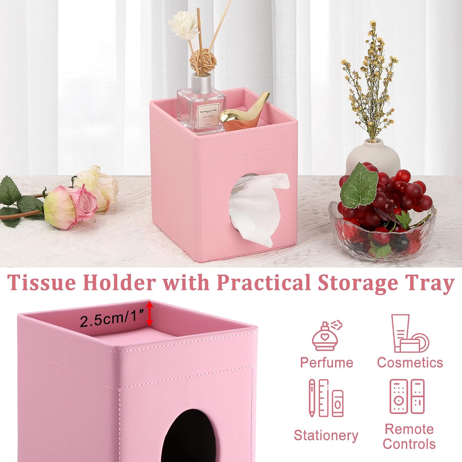 Sumnacon Square Tissue Box Cover with Storage Tray,Tissue Box Holder,Pink image 3