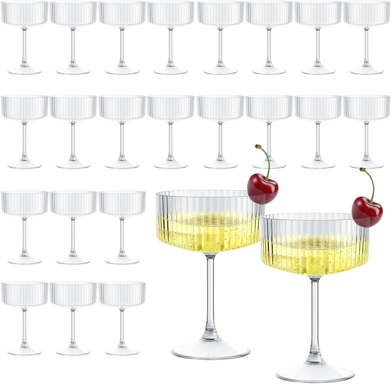 Ribbed Plastic Martini Glasses, 10oz Unbreakable Coupe Glasses with Stem, Reusable Cocktail Glasses, for Bar, Margarita, Whiskey, Wedding,Birthday,Party Supplies,Easter (24, Clear)