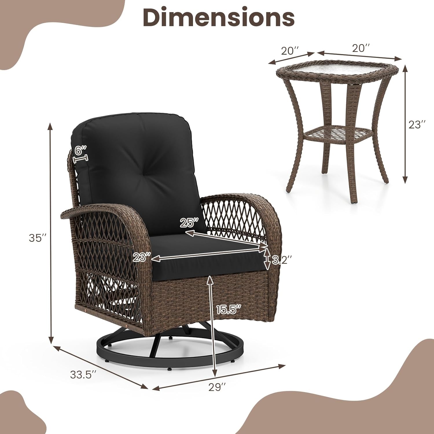 ORALNER 3 Pieces Wicker 360° Swivel Rocker Set Patio Furniture, Rocking Chairs with Cushions, Tempered Glass Coffee Table, Outdoor Rattan Bistro Set for Balcony Front Porch Deck Poolside (Black)