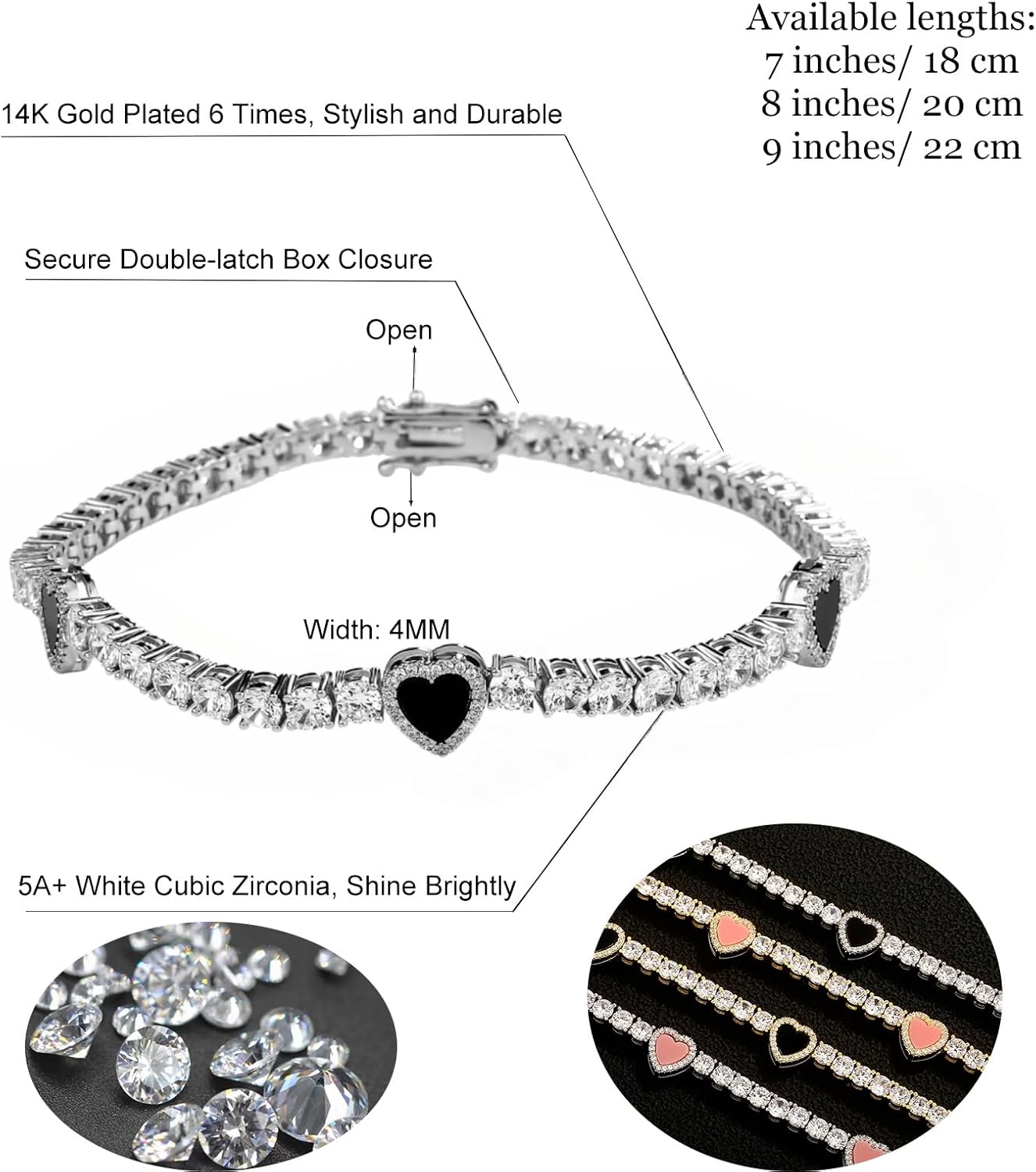 Heart Tennis Bracelets for Women, 14K Golden Plated 4MM Bracelets for Women, Pink Black Cubic Zirconia Heart Bracelet, Charms Matching Bracelets for Couples - Image 2