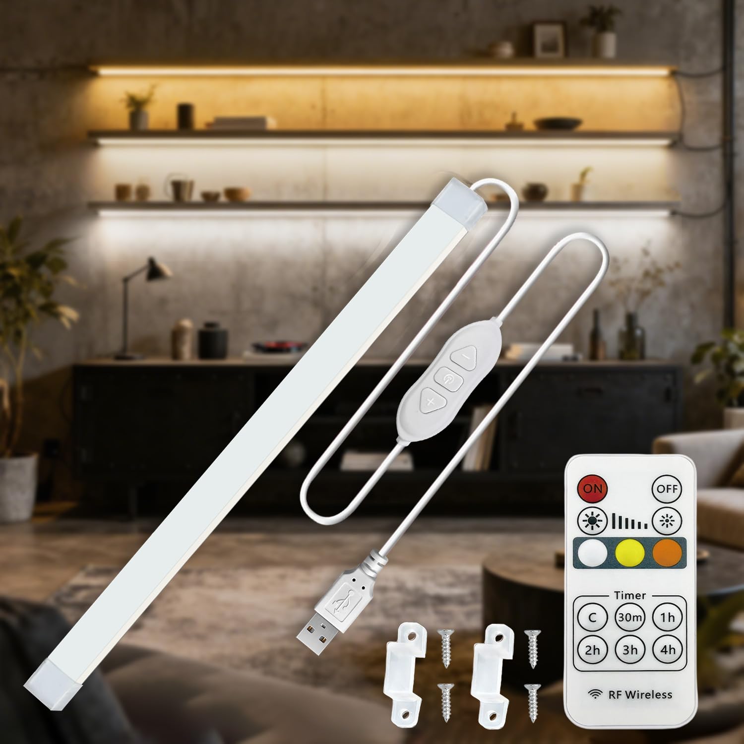 MDee Under Cabinet Lights COB LED Strip Light with Remote, 8W USB Strip Light, 3000K-6000K Dimmable, 800LM, 5V, Flexible, 12mm Width, Ideal for TV, Cupboard, Wardrobe, Kitchen, Shelf, Closet, 0.3M