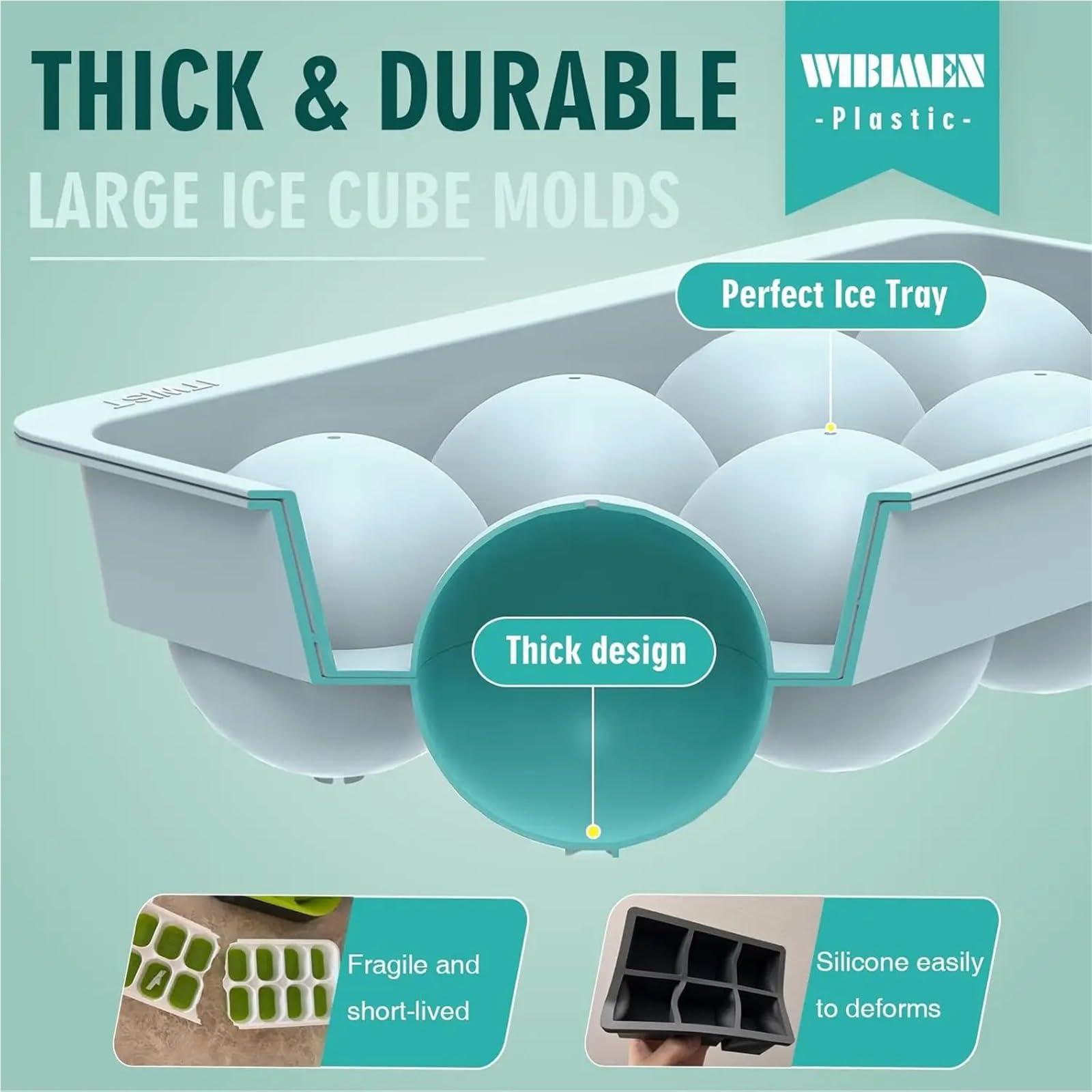 Cubiteras Para Hielo Moldes grandes for cubitos de hielo for whisky, bandejas de hielo redondas grandes, fácil llenado y liberación, 2,5 pulgadas, 8 bolas, paquete de 2