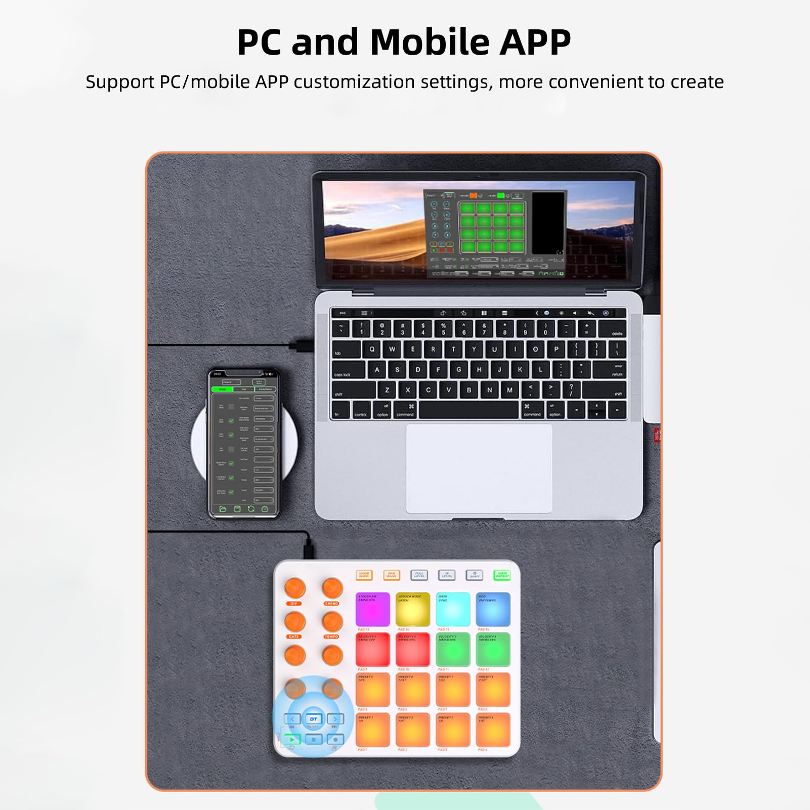 Controller MIDI, 16 Pad RGB 8 Manopole 6 Pulsanti Personalizzabili Batteria Ricaricabile Wireless da 2000 MAh, con Connessione USB MIDI per Professionisti Principianti della (Bianca)