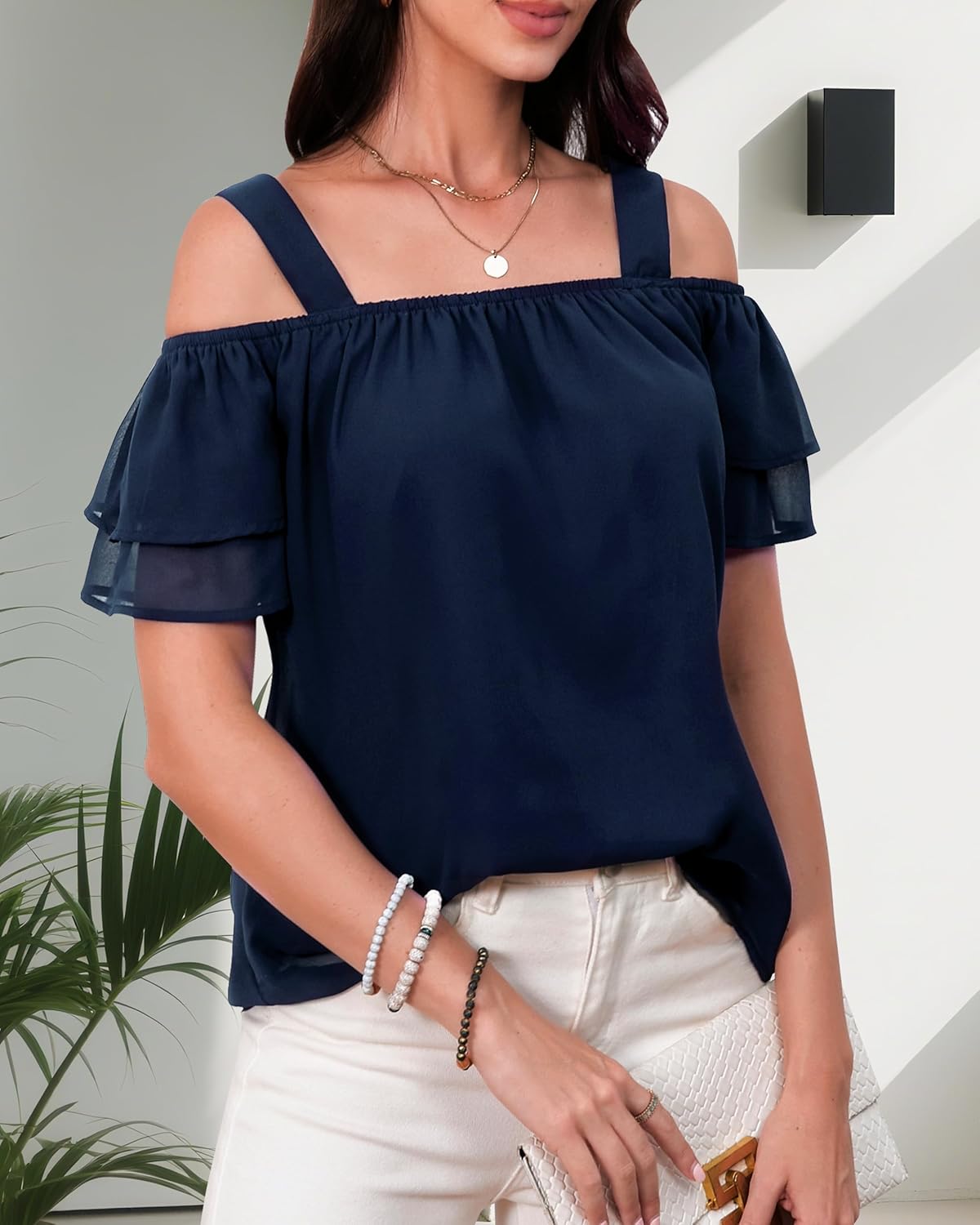 Women's Casual Tops Short Sleeve Cold Shoulder Shirts Loose Square Neck T Shirts Blouse - Image 8