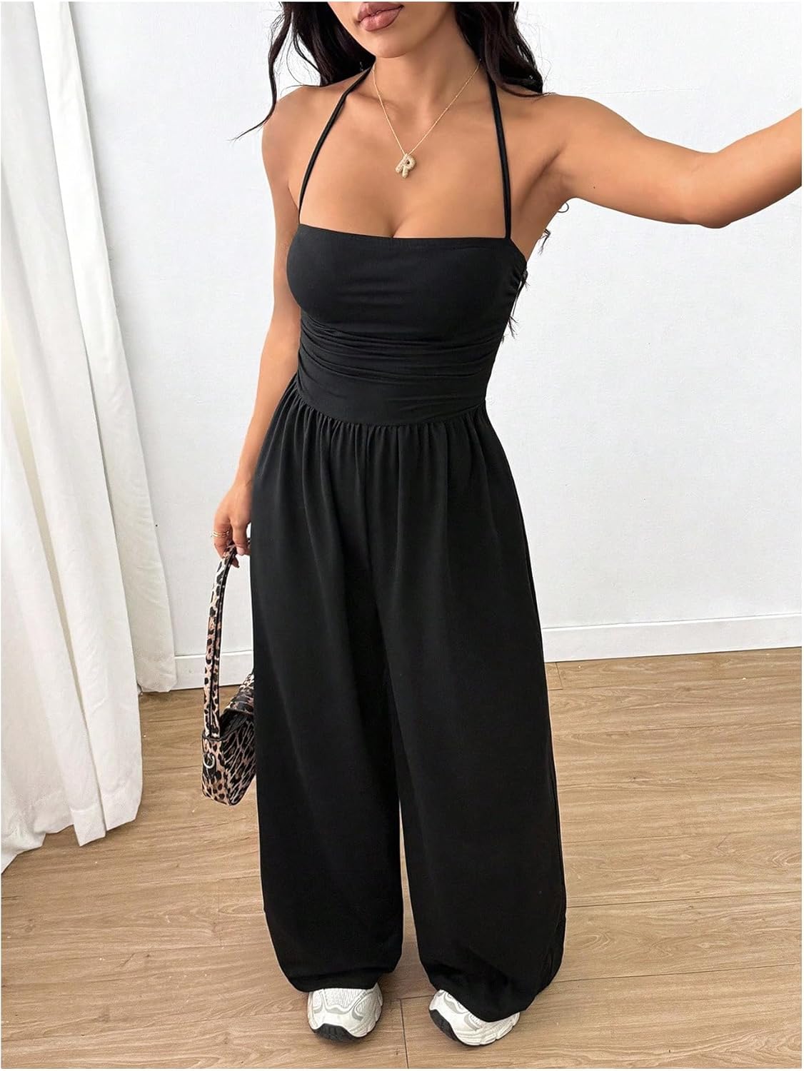 Verdusa Women's Halter Wide Leg Jumpsuits Y2k Ruched Tie Backless One Piece Sleeveless Rompers - Image 4