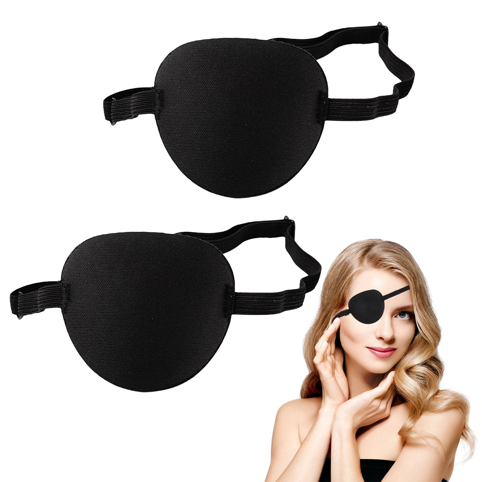 iwiio 2 Pcs Pirate Eye Patches Accessories - Black Elastic Adjustable Pirate Eye Patch, Captain Dress Up Costume for Caribbean Party, Halloween Party Supplies Costume for Adults