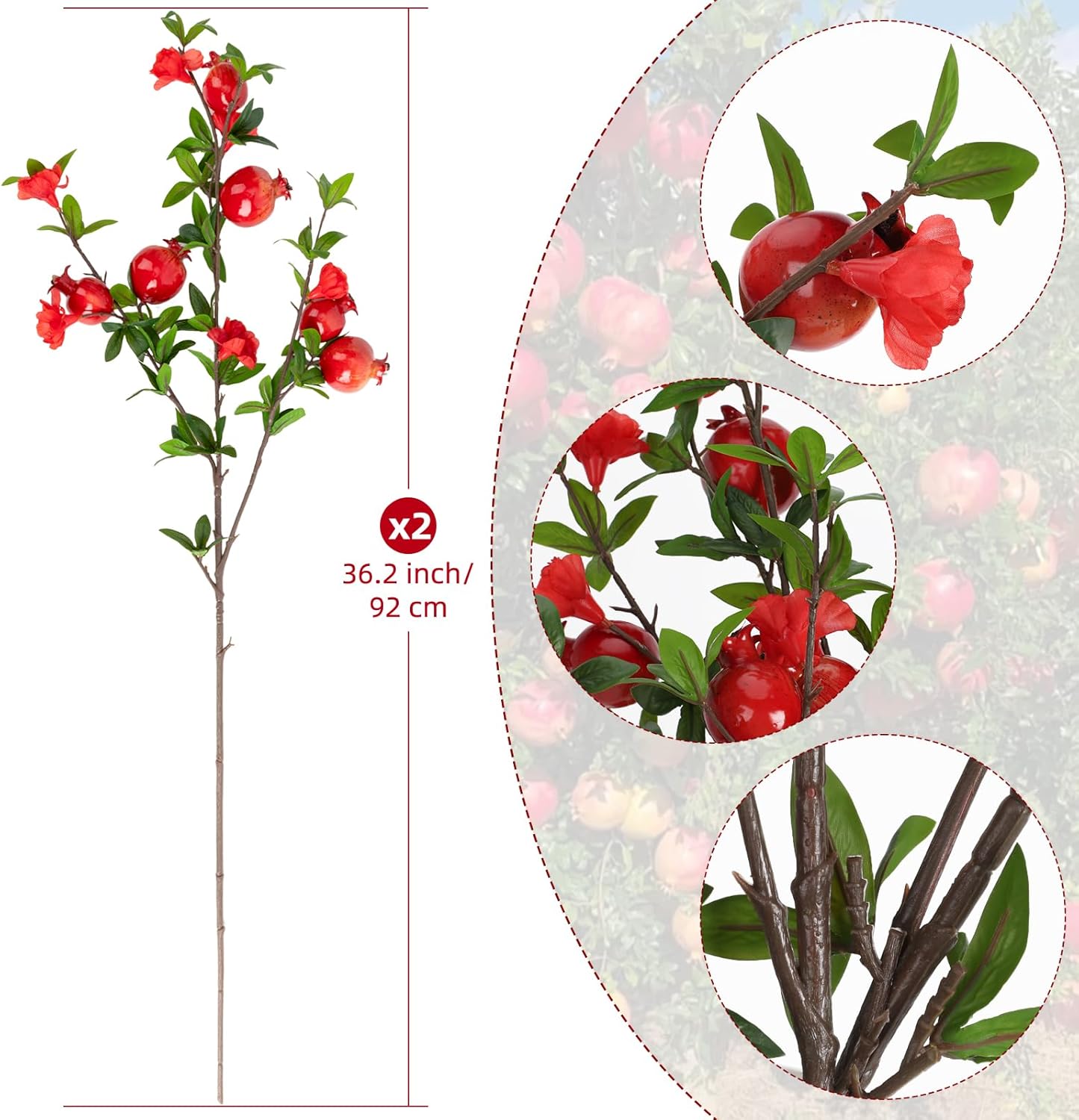 2PCS 36.2Inch Artificial Pomegranate Faux 12 Pomegranate 12 Red Flowers with Leaves Artificial Fruit Tall Branches for Home Room Christmas Home Wedding Thanksgiving Centerpieces Decor